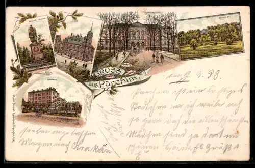 Lithographie Parchim, Kaserne, Moltke-Denkmal, Post, Gymnasium, Brunnen