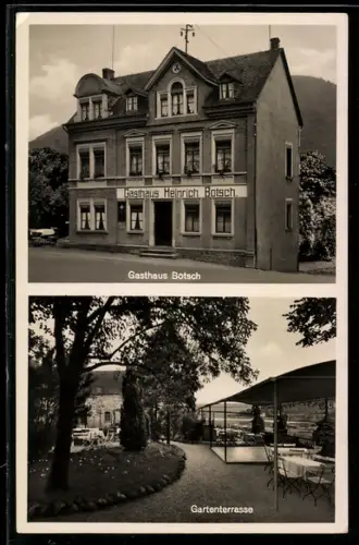 AK Hatzenport /Mosel, Gasthaus Botsch in der Aussenansicht und Blick in die Gartenterrasse