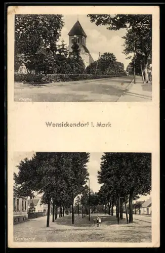 AK Wensickendorf i. Mark, Strassenpartie mit Kirche und Park