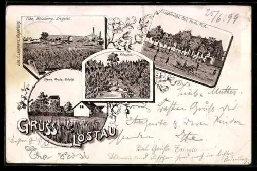 Lithographie Lostau, Friedenseiche, Pfarre, Kirche, Schule