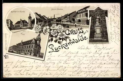 Vorläufer-Lithographie Luckenwalde, 1894, Post, Breite Strasse, Rathaus u. Kirche, Krieger-Denkmal