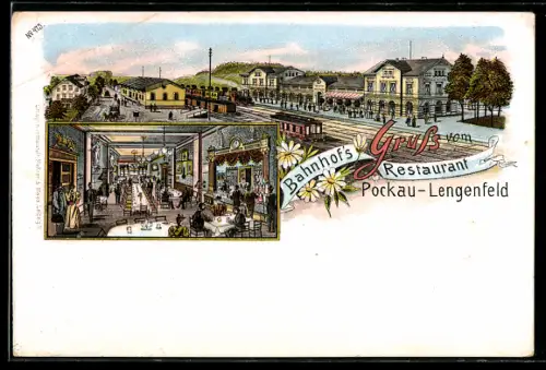 Lithographie Pockau-Lengenfeld, Bahnhofs Restaurant, Züge im Bahnhof