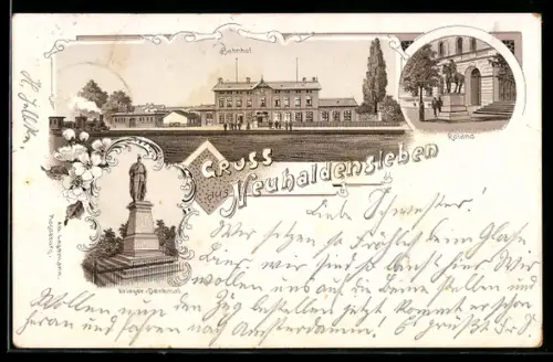 Lithographie Neuhaldensleben, Bahnhof mit Passagieren und einfahrender Dampflok, Roland-Denkmal, Krieger-Denkmal