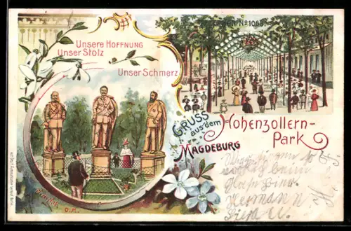 Lithographie Magdeburg, Gasthaus Hohenzollernpark, Denkmäler