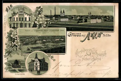 Lithographie Aken a. d. Elbe, Postamt, Hafen und Lagerhaus, Electricitätswerk