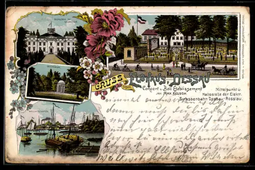 Lithographie Dessau, Concert u. Ball-Etablissement Elbhaus, Schloss im Georgium, Wallwitzhafen
