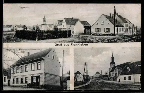 AK Frankleben, Bäckerei und Materialwarenhandlung v. J. Rath, Kirche, Topfmarkt