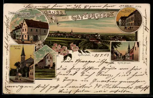 Lithographie Gatterstedt, Gasthof zum Weissen Ross, Warenhaus Jaeger, Kirch-Strasse