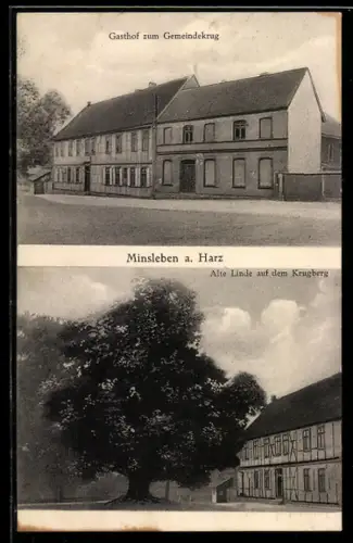 AK Minsleben a. Harz, Gasthof zum Gemeindekrug, Alte Linde auf dem Krugberg