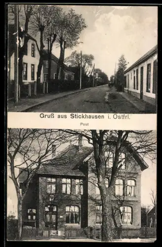 AK Stickhausen i. Ostfri., Post, Strassenpartie im Ort