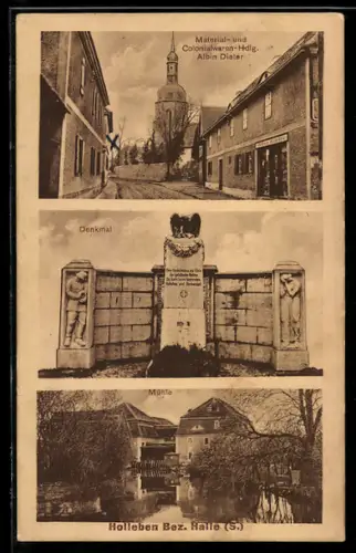 AK Holleben, Materialhandlung Albin Dieter, Denkmal, Mühle
