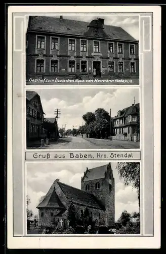 AK Baben /Stendal, Gasthof zum Deutschen Haus von Hermann Habekus, Kirche