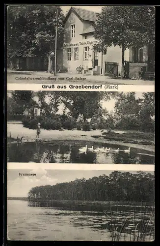 AK Graebendorf, Kolonialwarenhandlung Balzer, am Denkmal und Frauensee