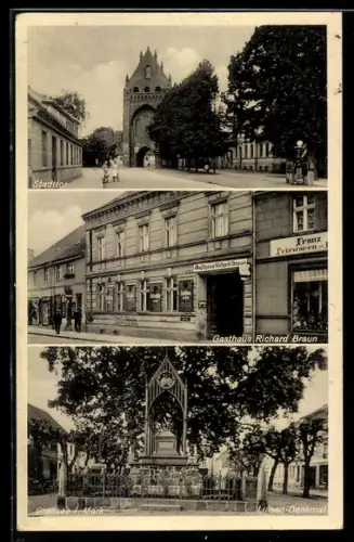 AK Gransee i. Mark, Luisen Denkmal, Gasthaus Richard Braun, Stadtor