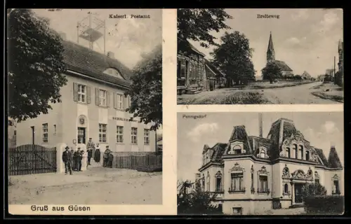 AK Güsen, Partie am Kaiserlichen Postamt, Villa Pennigsdorf und Breiteweg