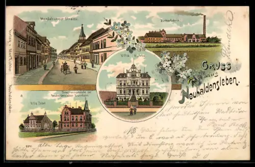 Lithographie Neuhaldensleben, Zuckerfabrik, Partie in der Magdeburger Strasse und Villa Hubbe
