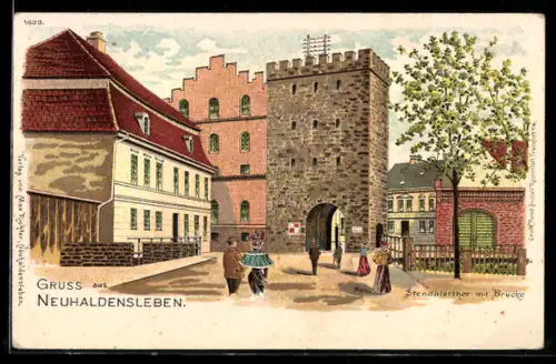Lithographie Neuhaldensleben, Partie am Stendalertor mit Brücke