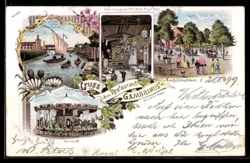 Lithographie Neuhaldensleben, Restaurant Gambrinus, Badeanstalt, Karussell