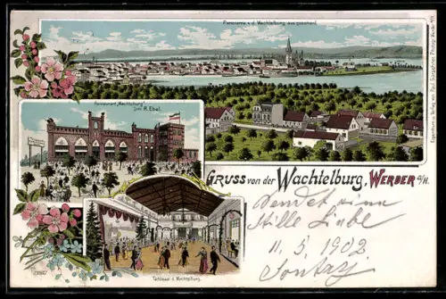 Lithographie Werder /Havel, Restaurant Wachtelburg von R. Ebel, Tanzsaal, Panorama