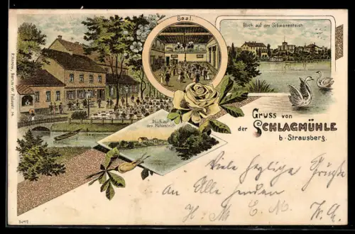 Lithographie Strausberg, Gasthaus zur Schlagmühle, Blick auf den Schwanenteich