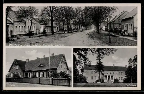 AK Münchehofe /Beeskow, Partie in der Dorfstrasse, Schule und Gutshaus