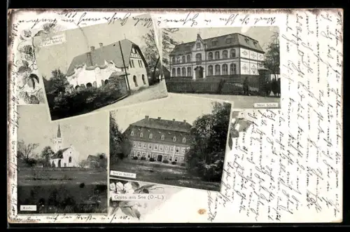 AK See /O.-L., See`er Schloss, Kirche, Brauerei von Paul Schulz und Neue schule