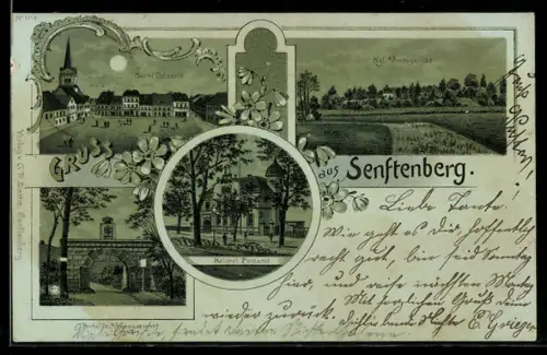 Mondschein-Lithographie Senftenberg, Partie am Markt, Königliches Amtsgericht und Kaiserliches Postamt