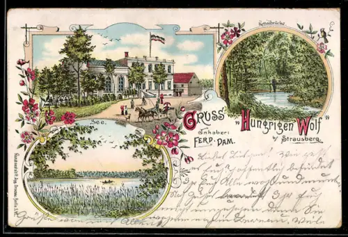 Lithographie Strausberg, Restaurant Hungriger Wolf, Inhaber Ferd. Dam, Kettenbrücke, Blick auf den See