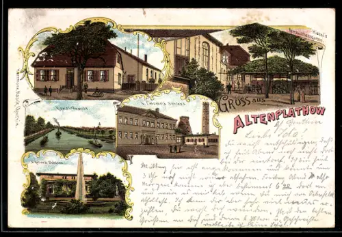 Lithographie Altenplathow, Habel`s Restaurantgarten, v. Pieschel`s Schloss, v. Keller`s Schloss, Kanal-Ansicht