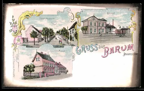 Lithographie Barum /Braunschweig, Kaiserliches Postamt, Blick auf dem Bahnhof, Frankfurterstrasse