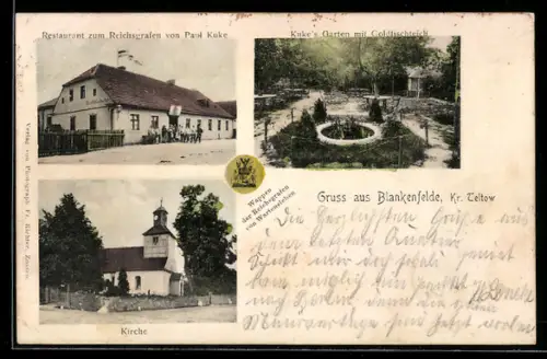 AK Blankenfelde /Teltow, Restaurant zum Reichsgrafen von Paul Kuke, Garten mit Goldfischteich, Kirche