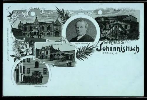 Mondschein-AK Berlin, Johannistisch, Stadtmissionskirche, Kurrende-Sänger, Der alte Saal, Porttrait Adolf Stöcker