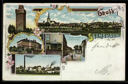 Lithographie Seehausen / Wanzleben, Amtsgericht, Zuckerfabrik, Seehäuser Warte