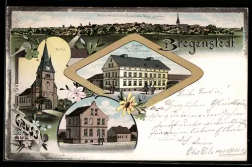 Lithographie Bregenstedt, Gasthof zur Linde, Schule, Kirche