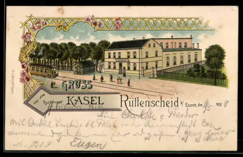 Lithographie Rüttenscheid b. Essen, Blick auf das Restaurant Kasel, Strassenbahn