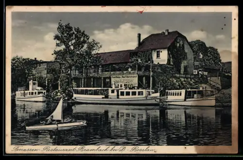 AK Brambach über Zerbst, Terrassen-Restaurant Brambach, Bes. Otto-Meissner, Anlegestelle für Passagierboote