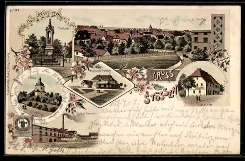Lithographie Stössen, Gasthof Rathskeller, Restaurant Bahnhof, Denkmal, Kirche, Zuckerfabrik, Ortsansicht