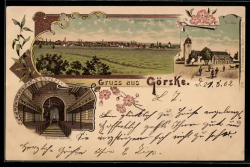 Lithographie Görzke, Aussen- und Innenansicht der Kirche, Panorama von Görzke