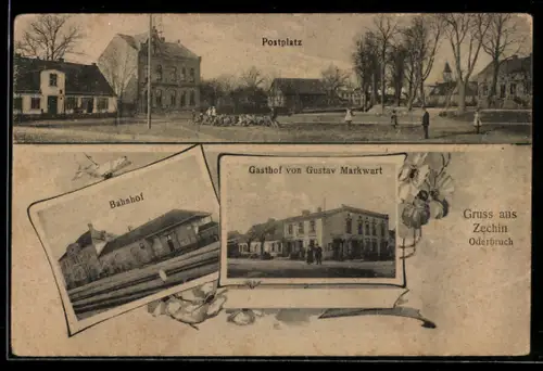 AK Zechin /Oderbruch, Gasthof von Gustav Markwart, Postplatz, Bahnhof