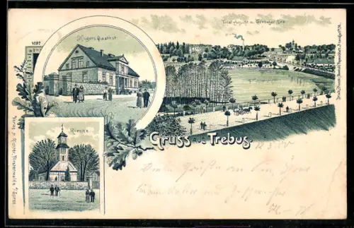 Lithographie Trebus, Krüger's Gasthof, Trebuser See