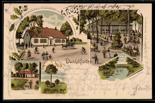 Lithographie Dunkelforth, Gasthof zur Stadt Genthin von Wilh. Hübener, Försterei, Wasserfall