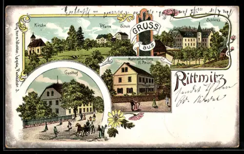 Lithographie Rittmitz, Gasthof, Materialhandlung H. Meisel, Kirche, Pfarre, Schule, Schloss