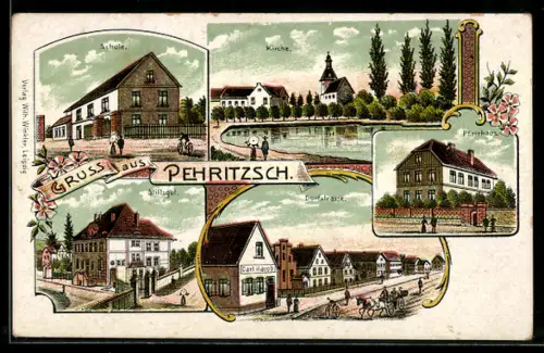 Lithographie Pehritzsch, Stiftsgut, Schule, Kirche, Pfarrhaus, Partie in der Dorfstrasse
