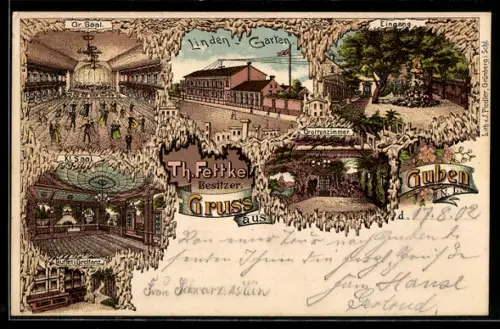 Lithographie Guben, Gasthof Lindengarten, Eingang, Grottenzimmer