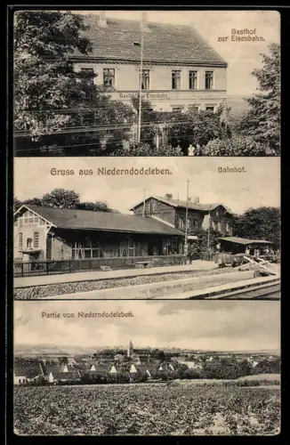 AK Niederndodeleben, Gasthof zur Eisenbahn, Bahnhof, Partie von Niederndodeleben