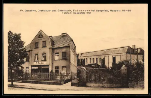 AK Falkensee bei Seegefeld, Fabrik für Drahtzäune und Gitter, Inh. Fr. Ganskow, Hauptstrasse 54-58