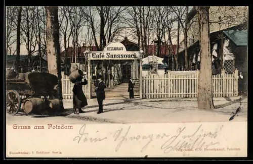 AK Potsdam, Strassenpartie vor Restaurant Sanssouci, Aussenbereich für Gäste