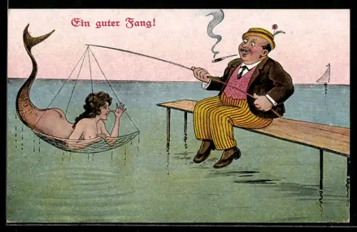 AK Korpulenter Fischer hat eine hübsche barbusige Nixe im Netz