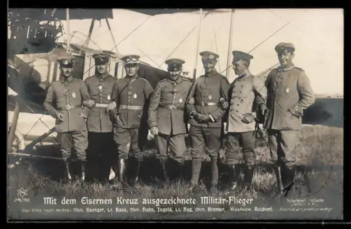 Foto-AK Sanke Nr. 24/10: Mit dem Eisernen Kreuz ausgezeichnete Militärflieger, darunter Saenger, Baas, Hahn und Hug