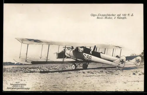 Foto-AK Sanke Nr. 437: Ago-Doppeldecker mit 150 P.S., Benz-Motor und zwei Rümpfen auf dem Flugplatz